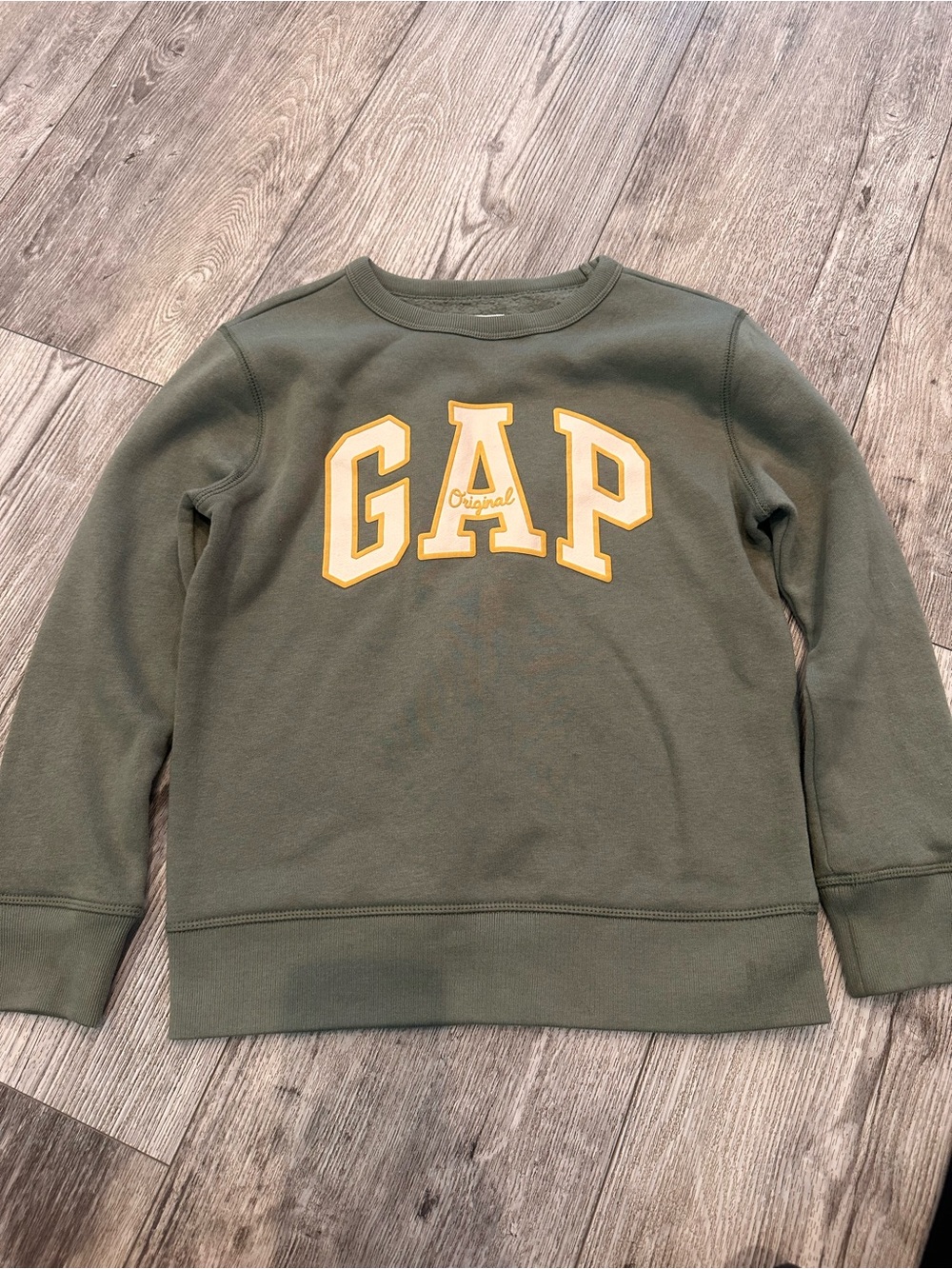GAP Kids Olive Green Crew Sweatshirt with Yellow Logo